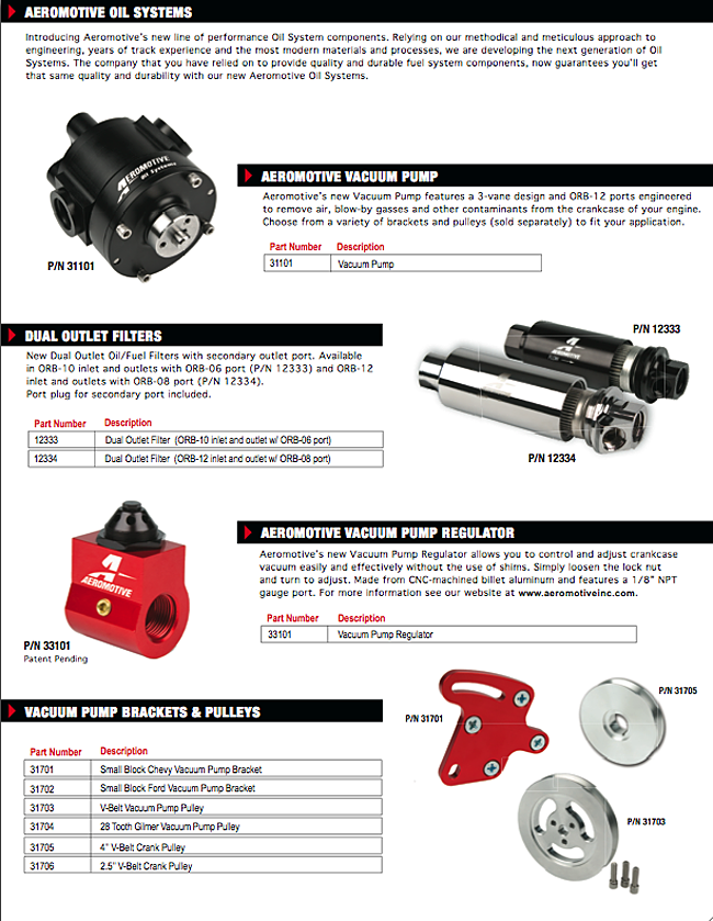 Aeromotive vacuum pumps and parts